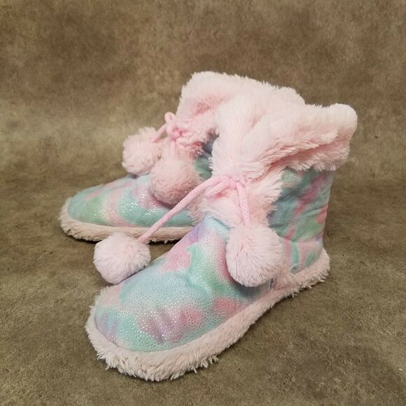 Falls Creek Girls   Size 1-2 Pink Blue Fabric Pull On Ankle Boot Slippers - Picture 7 of 10